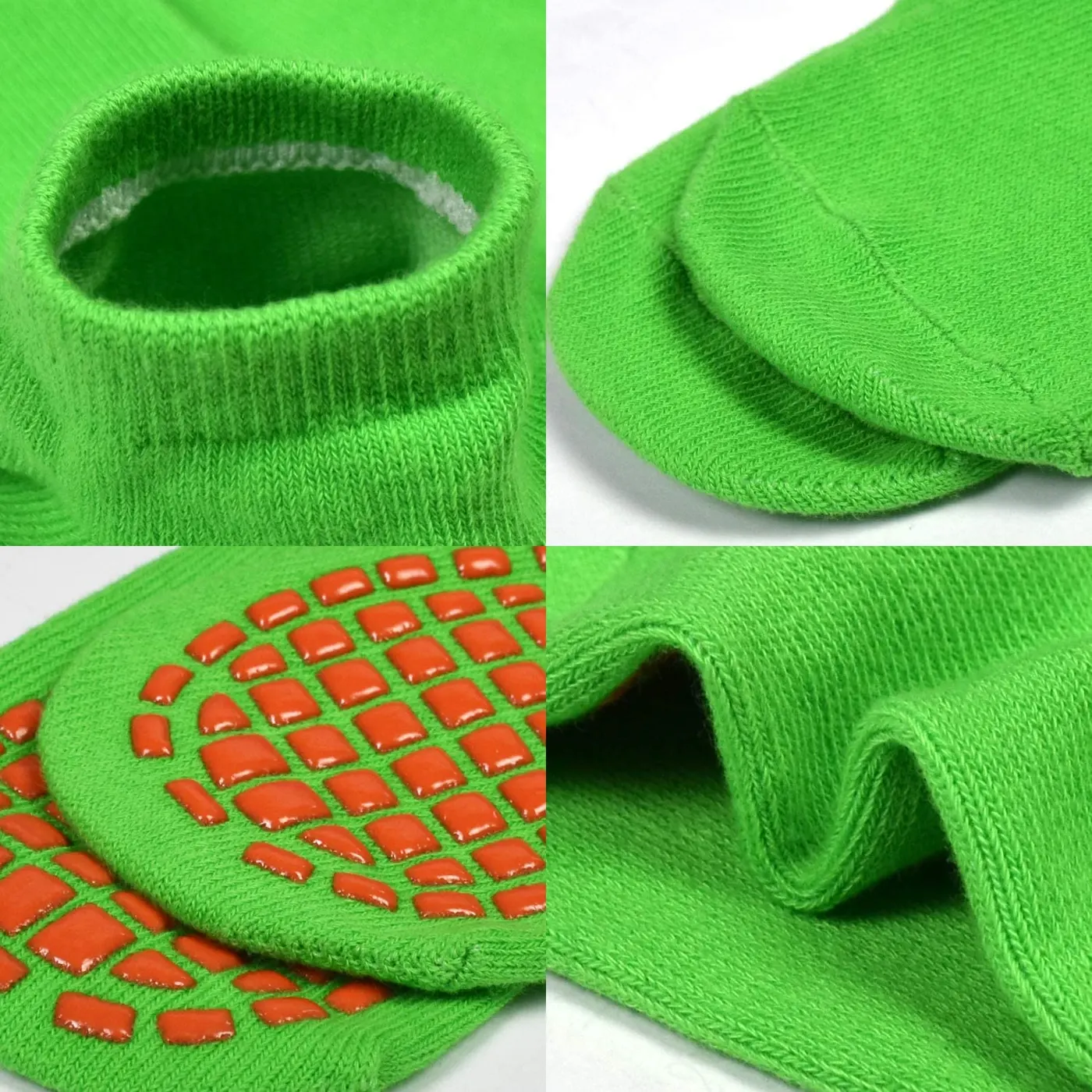 Calcetín antideslizante verde con puntos de silicona naranja en la planta
